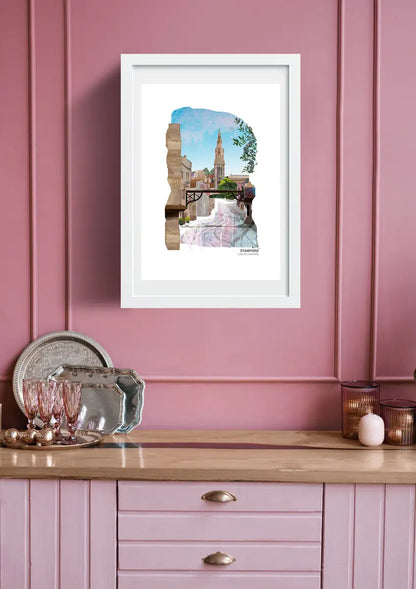 Stamford art print by Vicki Shortt, the main road into Stamford framed by the gallows sign of The George Hotel, Lincolnshire, framed in a room setting