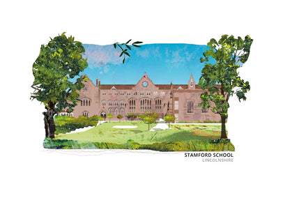 Stamford School art print by Vicki Shortt, the historic golden limestone buildings of the school in Stamford, Lincolnshire