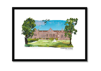 Stamford School art print by Vicki Shortt, the historic golden limestone buildings of the school in Stamford, Lincolnshire, in a black frame