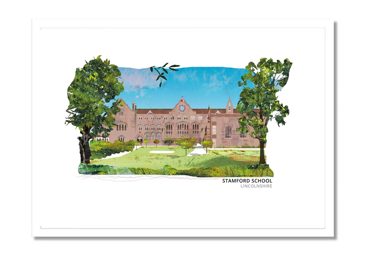 Stamford School art print by Vicki Shortt, the historic golden limestone buildings of the school in Stamford, Lincolnshire, in a white frame