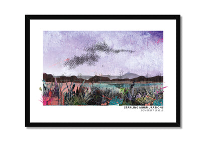 Starling Murmurations art print by Vicki Shortt, a murmuration of starlings wheeling across the sky, in a black frame