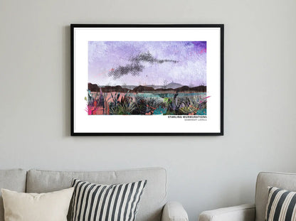 Starling Murmurations art print by Vicki Shortt, a murmuration of starlings wheeling across the sky, framed in a room setting