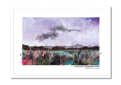 Starling Murmurations art print by Vicki Shortt, a murmuration of starlings wheeling across the sky, in a white frame