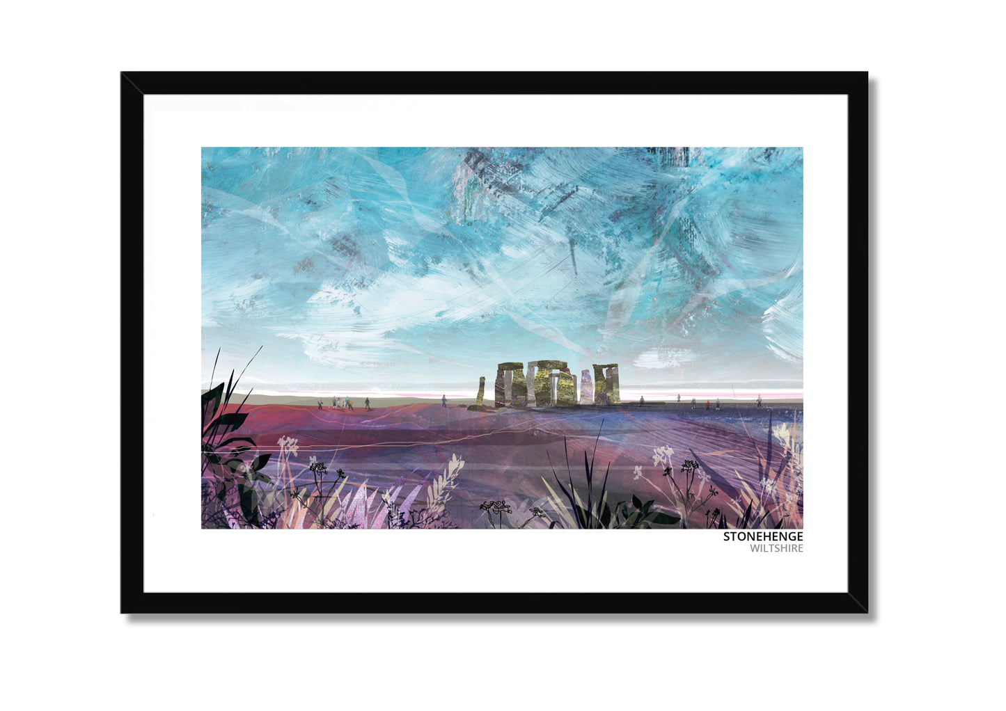 Stonehenge art print by Vicki Shortt, the standing stones on Salisbury Plain, Wiltshire, in a black frame