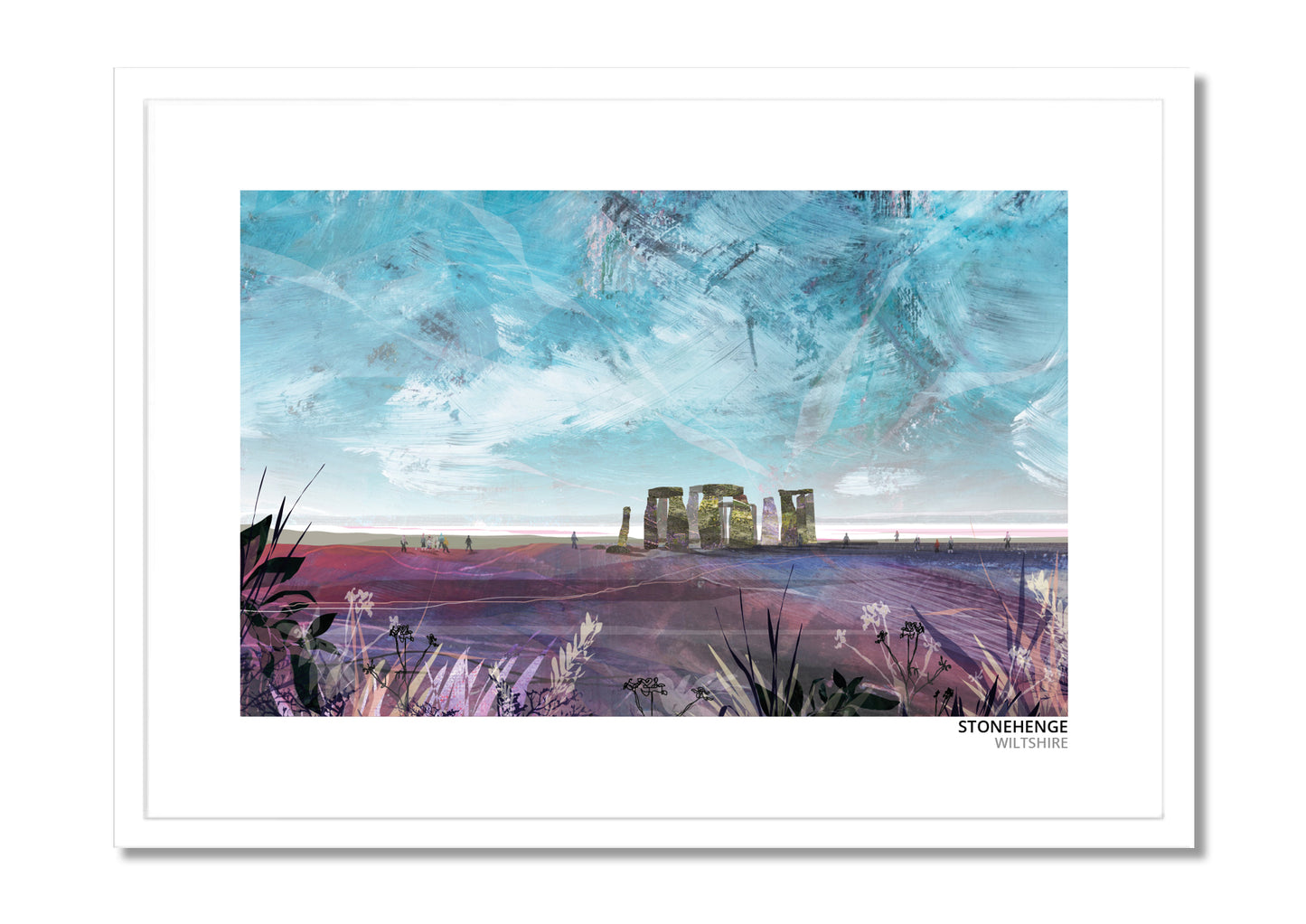 Stonehenge art print by Vicki Shortt, the standing stones on Salisbury Plain, Wiltshire, in a white frame