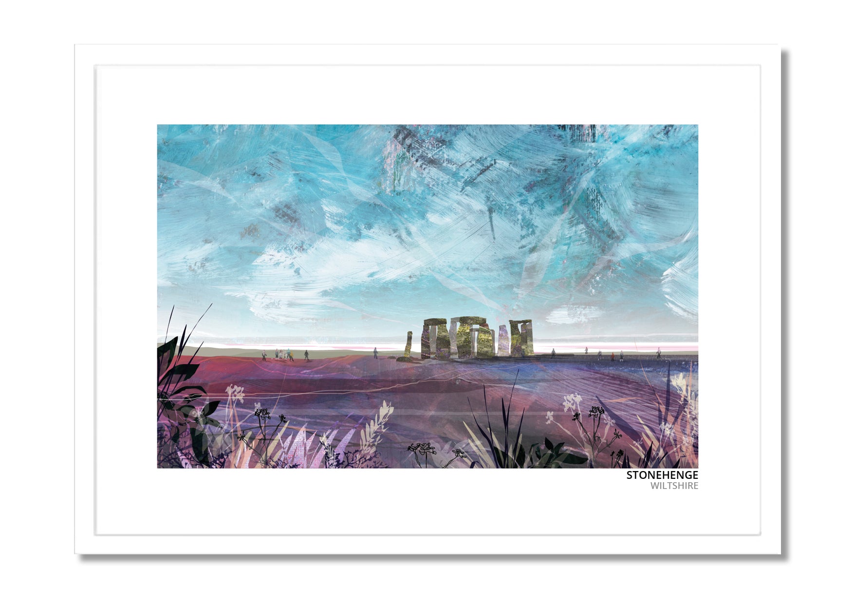 Stonehenge art print by Vicki Shortt, the standing stones on Salisbury Plain, Wiltshire, in a white frame