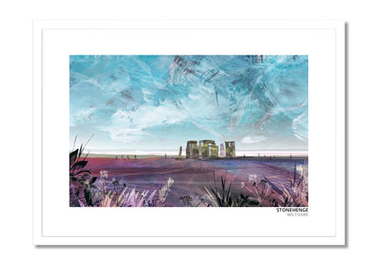 Stonehenge art print by Vicki Shortt, the standing stones on Salisbury Plain, Wiltshire, in a white frame