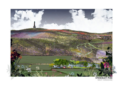 Stoodley Pike art print by Vicki Shortt, the hilltop monument on the moors above Todmorden, West Yorkshire
