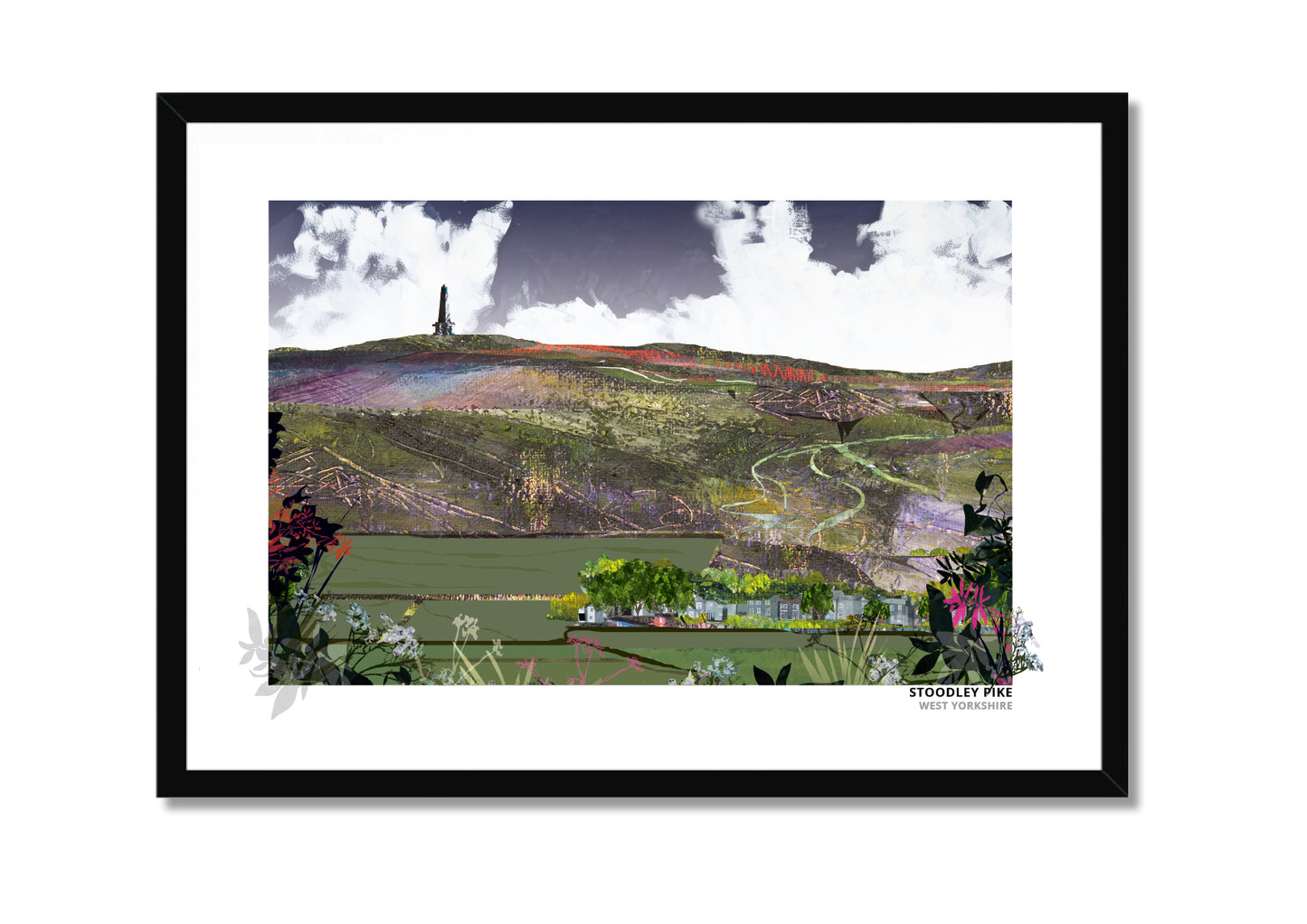 Stoodley Pike art print by Vicki Shortt, the hilltop monument on the moors above Todmorden, West Yorkshire, in a black frame