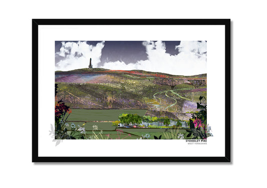 Stoodley Pike art print by Vicki Shortt, the hilltop monument on the moors above Todmorden, West Yorkshire, in a black frame