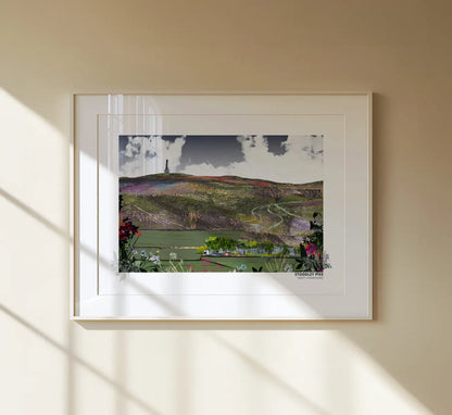 Stoodley Pike art print by Vicki Shortt, the hilltop monument on the moors above Todmorden, West Yorkshire, framed in a room setting