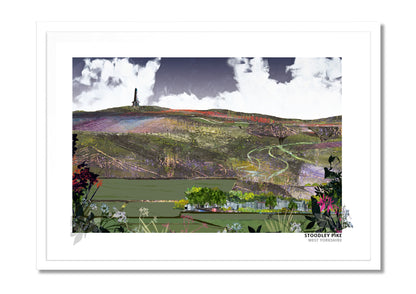 Stoodley Pike art print by Vicki Shortt, the hilltop monument on the moors above Todmorden, West Yorkshire, in a white frame