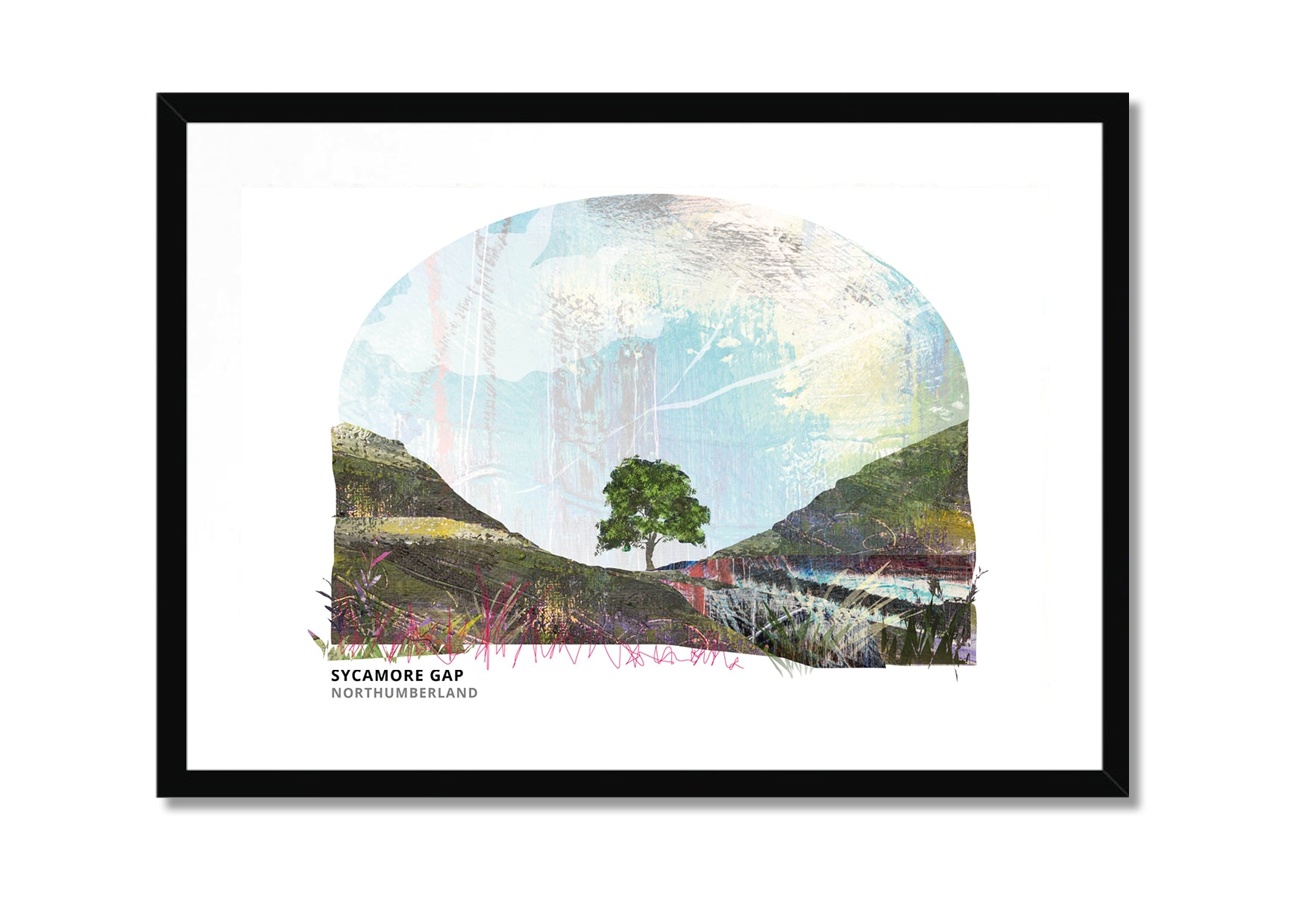 Sycamore Gap art print by Vicki Shortt, the tree in its dip on Hadrian's Wall, Northumberland, in a black frame
