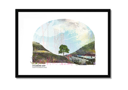 Sycamore Gap art print by Vicki Shortt, the tree in its dip on Hadrian's Wall, Northumberland, in a black frame