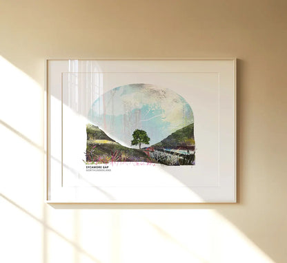 Sycamore Gap art print by Vicki Shortt, the tree in its dip on Hadrian's Wall, Northumberland, framed in a room setting