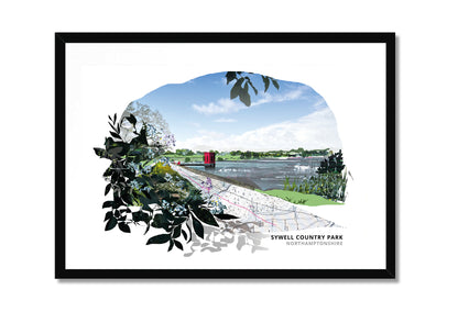 Sywell Country Park art print by Vicki Shortt, the reservoir and parkland at Sywell, Northamptonshire, in a black frame