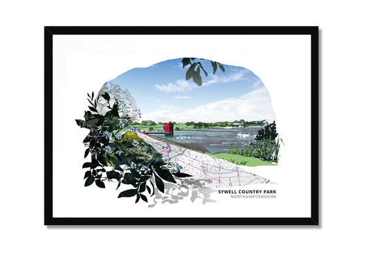 Sywell Country Park art print by Vicki Shortt, the reservoir and parkland at Sywell, Northamptonshire, in a black frame