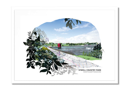 Sywell Country Park art print by Vicki Shortt, the reservoir and parkland at Sywell, Northamptonshire, in a white frame