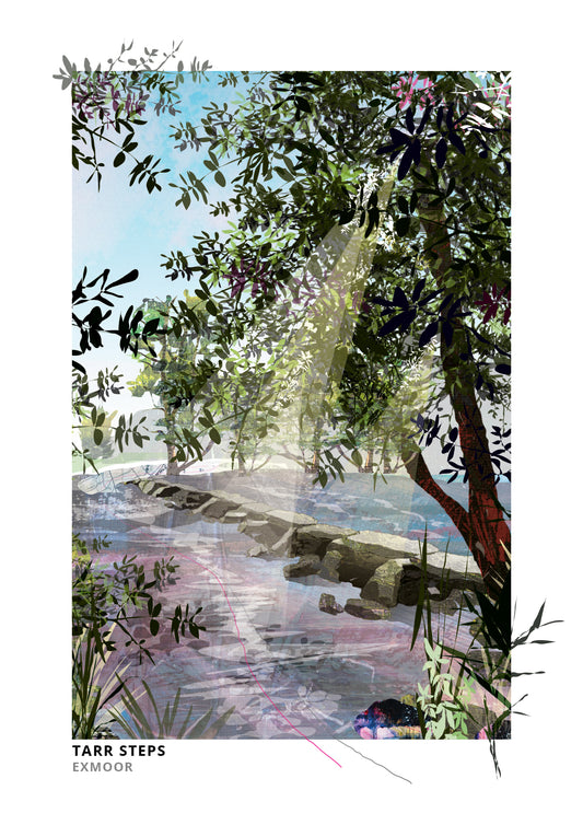 Tarr Steps art print by Vicki Shortt, the ancient clapper bridge across the River Barle on Exmoor