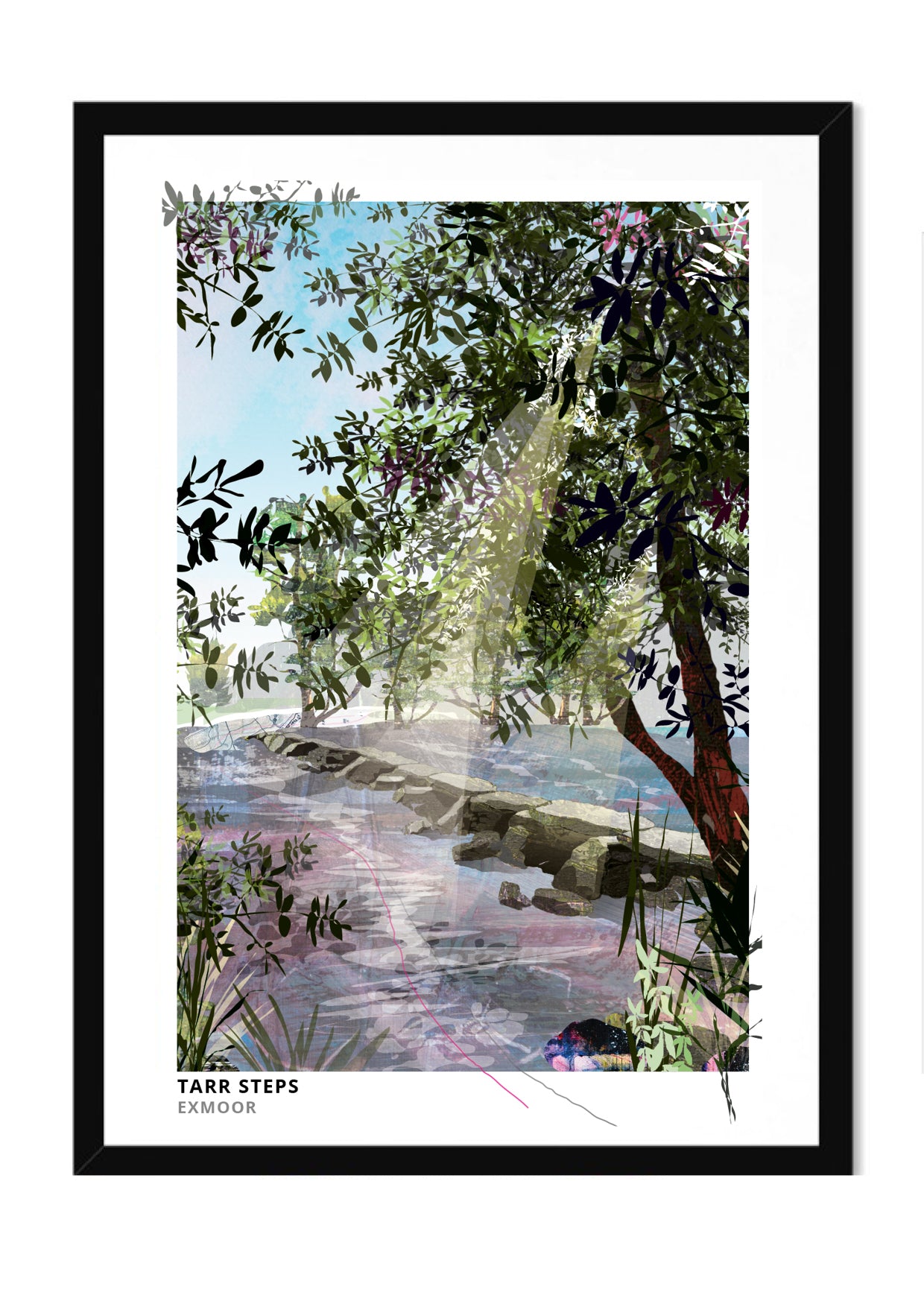 Tarr Steps art print by Vicki Shortt, the ancient clapper bridge across the River Barle on Exmoor, in a black frame