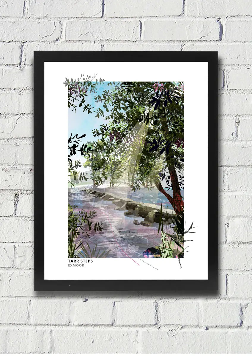 Tarr Steps art print by Vicki Shortt, the ancient clapper bridge across the River Barle on Exmoor, framed in a room setting
