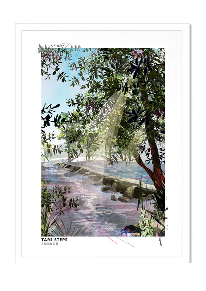 Tarr Steps art print by Vicki Shortt, the ancient clapper bridge across the River Barle on Exmoor, in a white frame