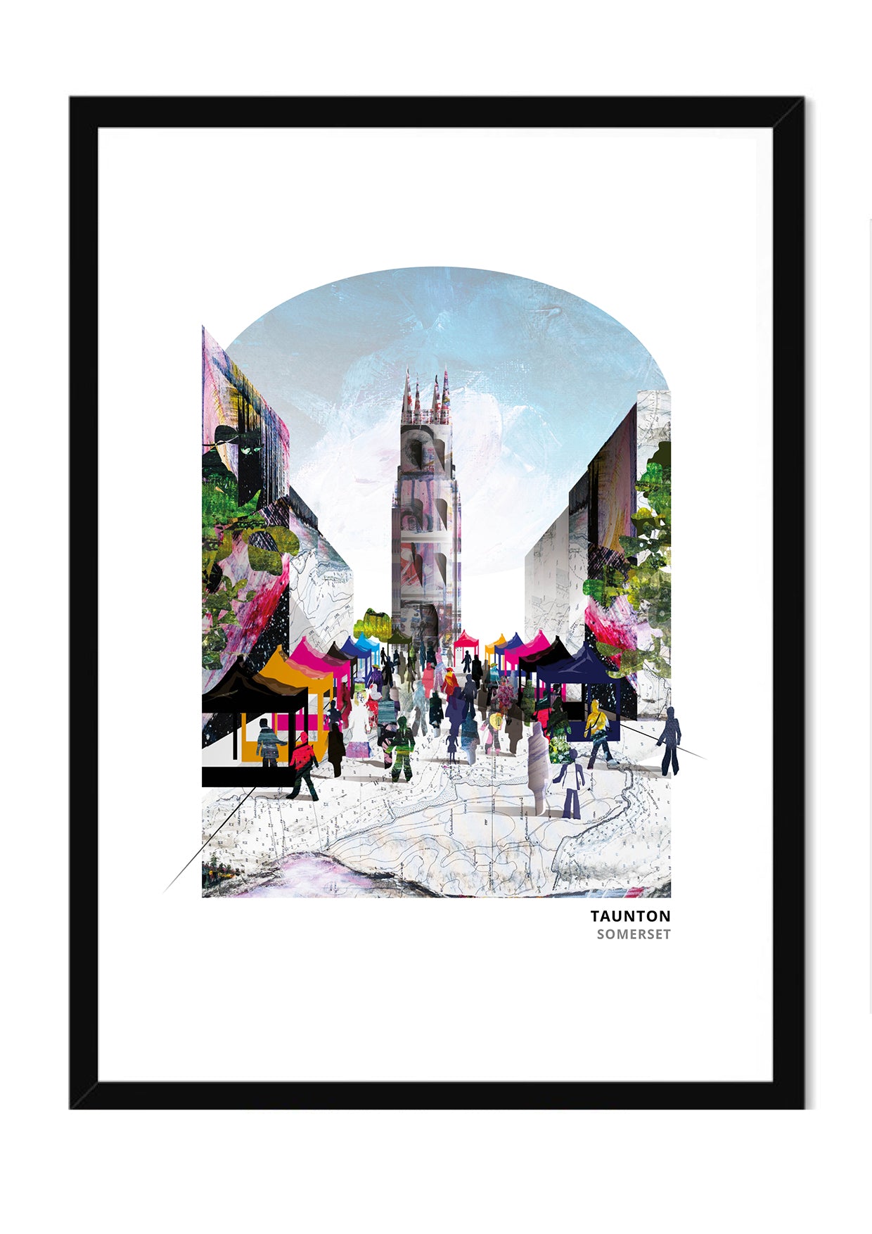 Taunton art print by Vicki Shortt, the county town of Taunton in Somerset, in a black frame
