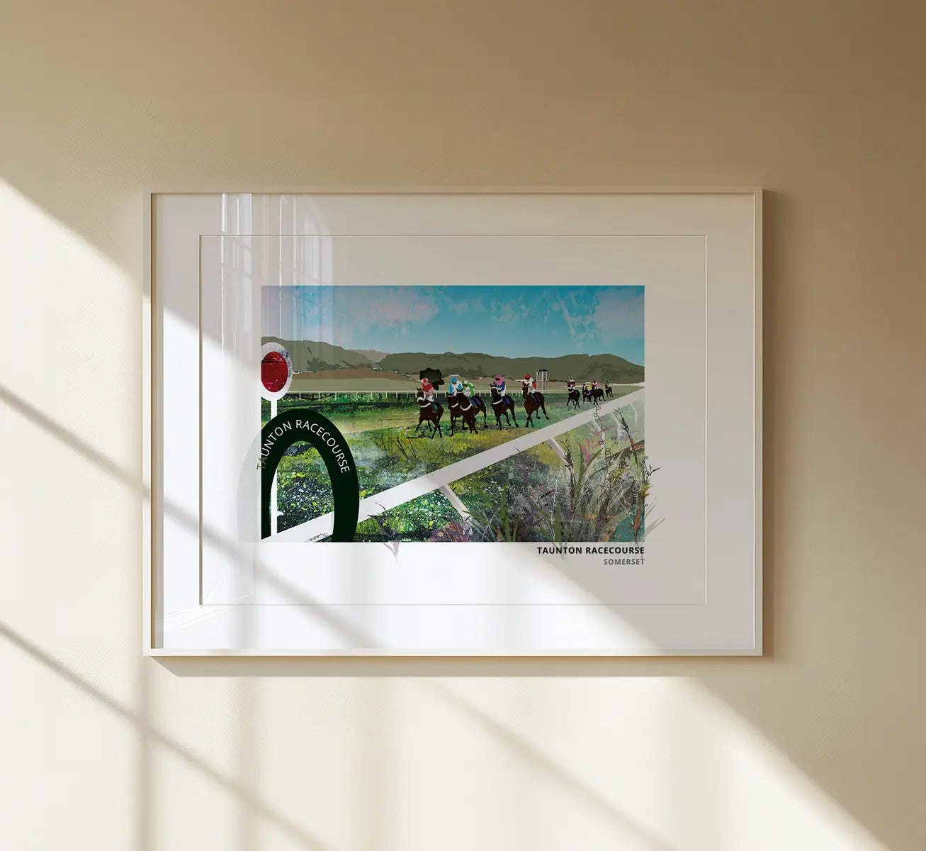 Taunton Racecourse art print by Vicki Shortt, the racecourse at Taunton, Somerset, framed in a room setting