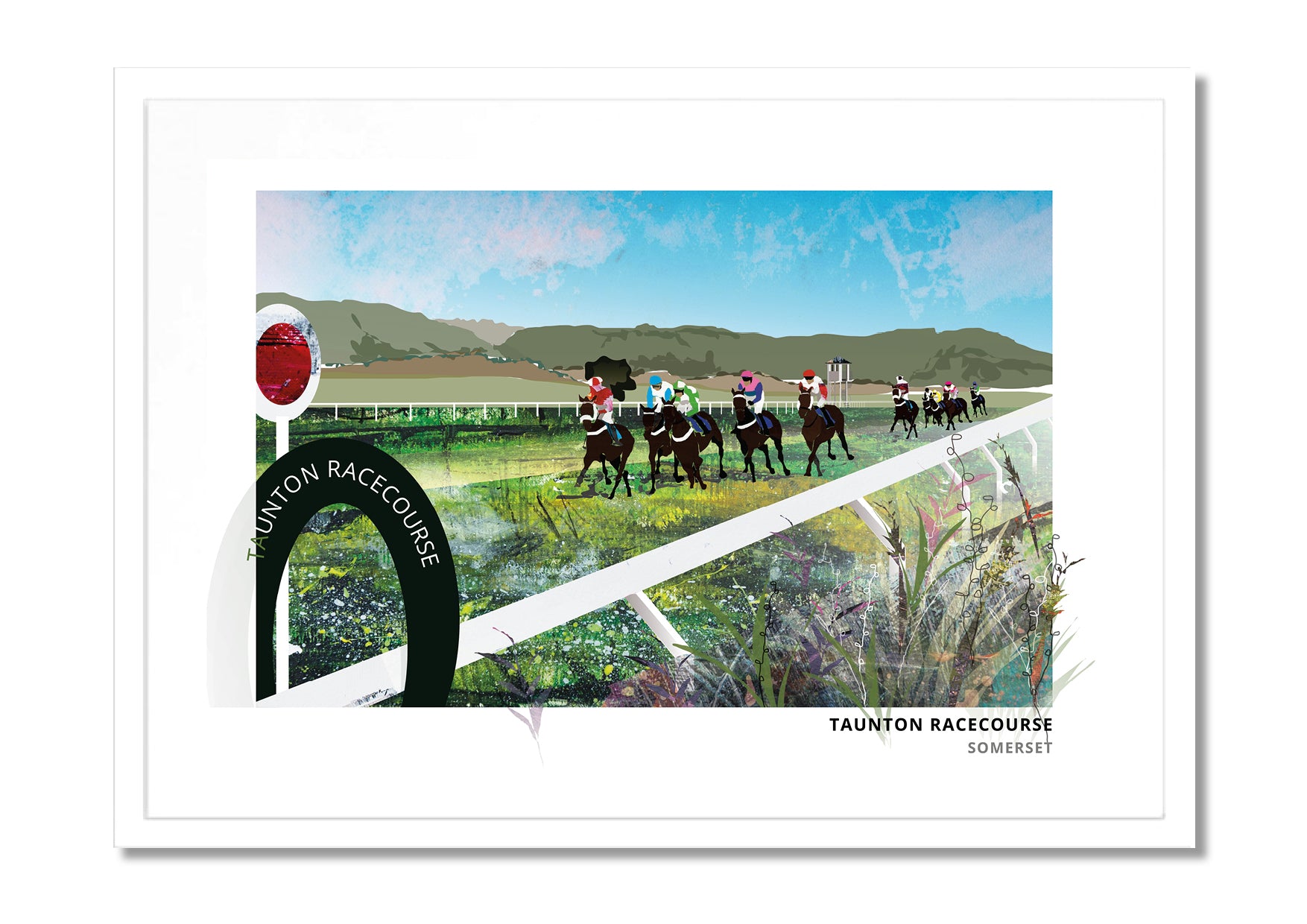 Taunton Racecourse art print by Vicki Shortt, the racecourse at Taunton, Somerset, in a white frame