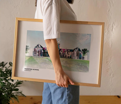 Taunton School art print by Vicki Shortt, the school buildings at Taunton, Somerset, framed in a room setting