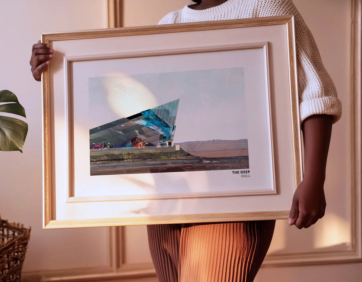 The Deep art print by Vicki Shortt, the wedge-shaped aquarium at the mouth of the River Hull, framed in a room setting
