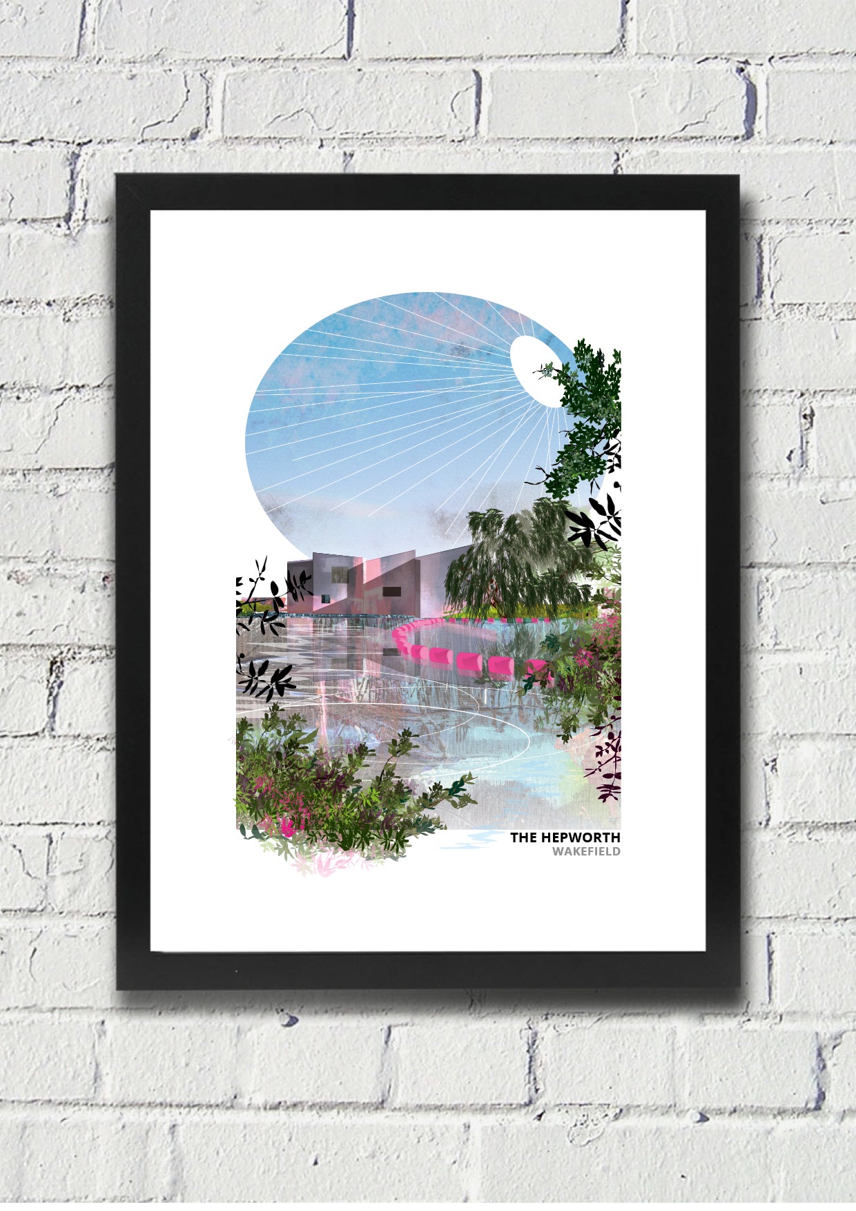 The Hepworth, Wakefield art print by Vicki Shortt, the riverside gallery beside the River Calder, in a black frame