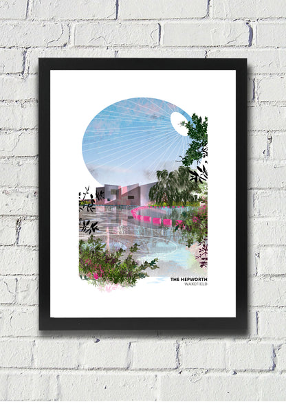 The Hepworth, Wakefield art print by Vicki Shortt, the riverside gallery beside the River Calder, in a black frame