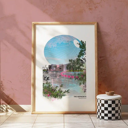 The Hepworth, Wakefield art print by Vicki Shortt, the riverside gallery beside the River Calder, framed in a room setting