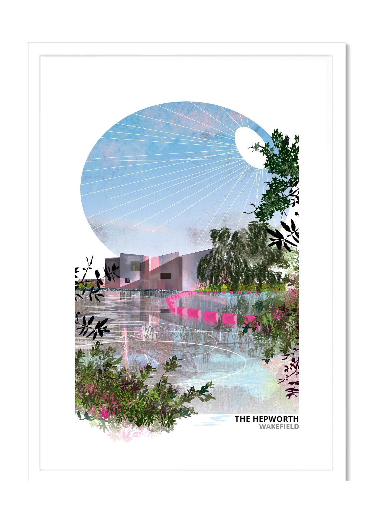 The Hepworth, Wakefield art print by Vicki Shortt, the riverside gallery beside the River Calder, in a white frame