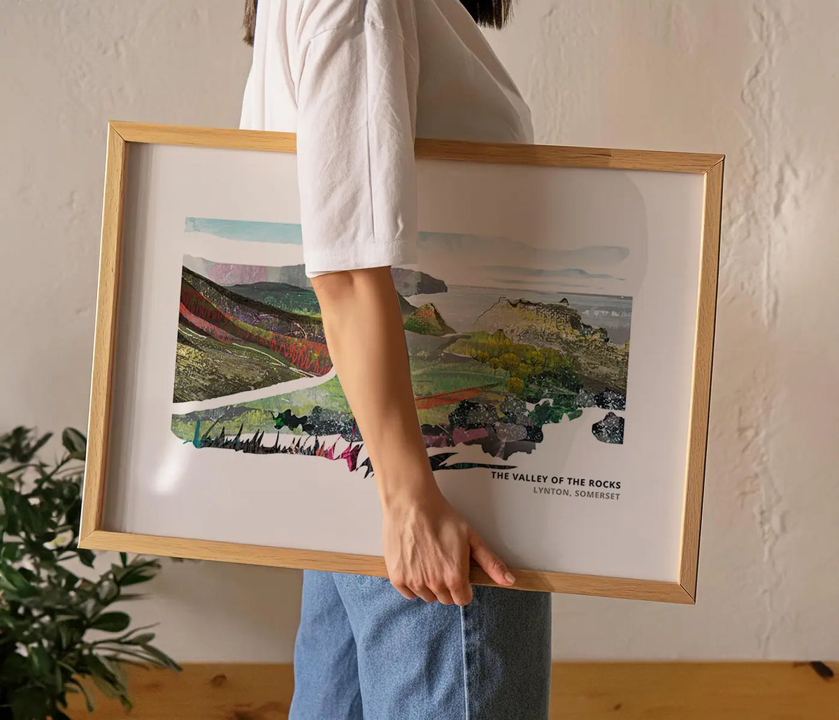 Valley of the Rocks art print by Vicki Shortt, the dry valley and its rock formations near Lynton, Devon, framed in a room setting