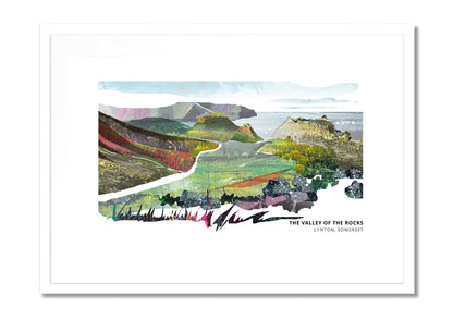 Valley of the Rocks art print by Vicki Shortt, the dry valley and its rock formations near Lynton, Devon, in a white frame