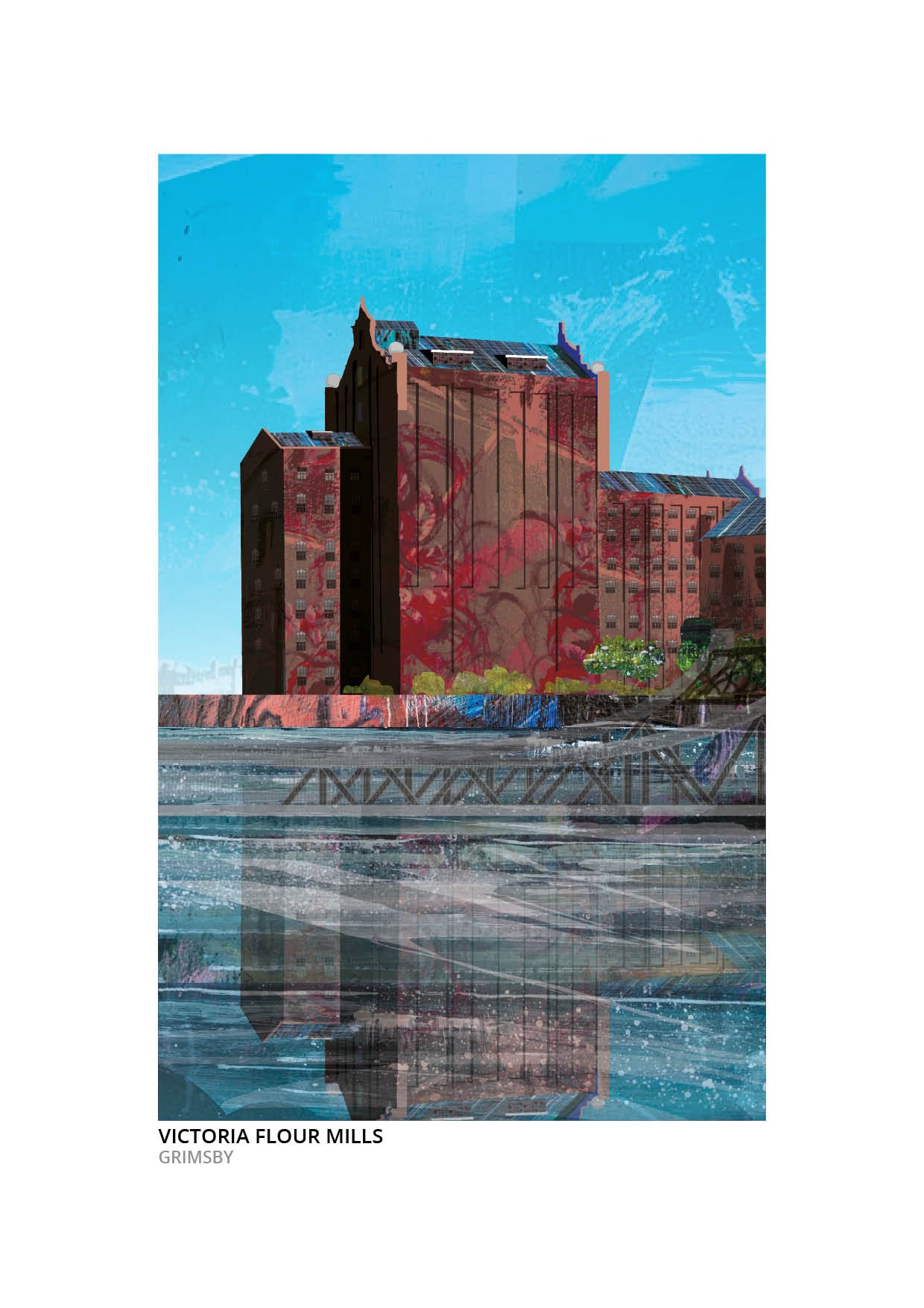 Victoria Flour Mills art print by Vicki Shortt, the tall brick mill building on the Grimsby waterfront