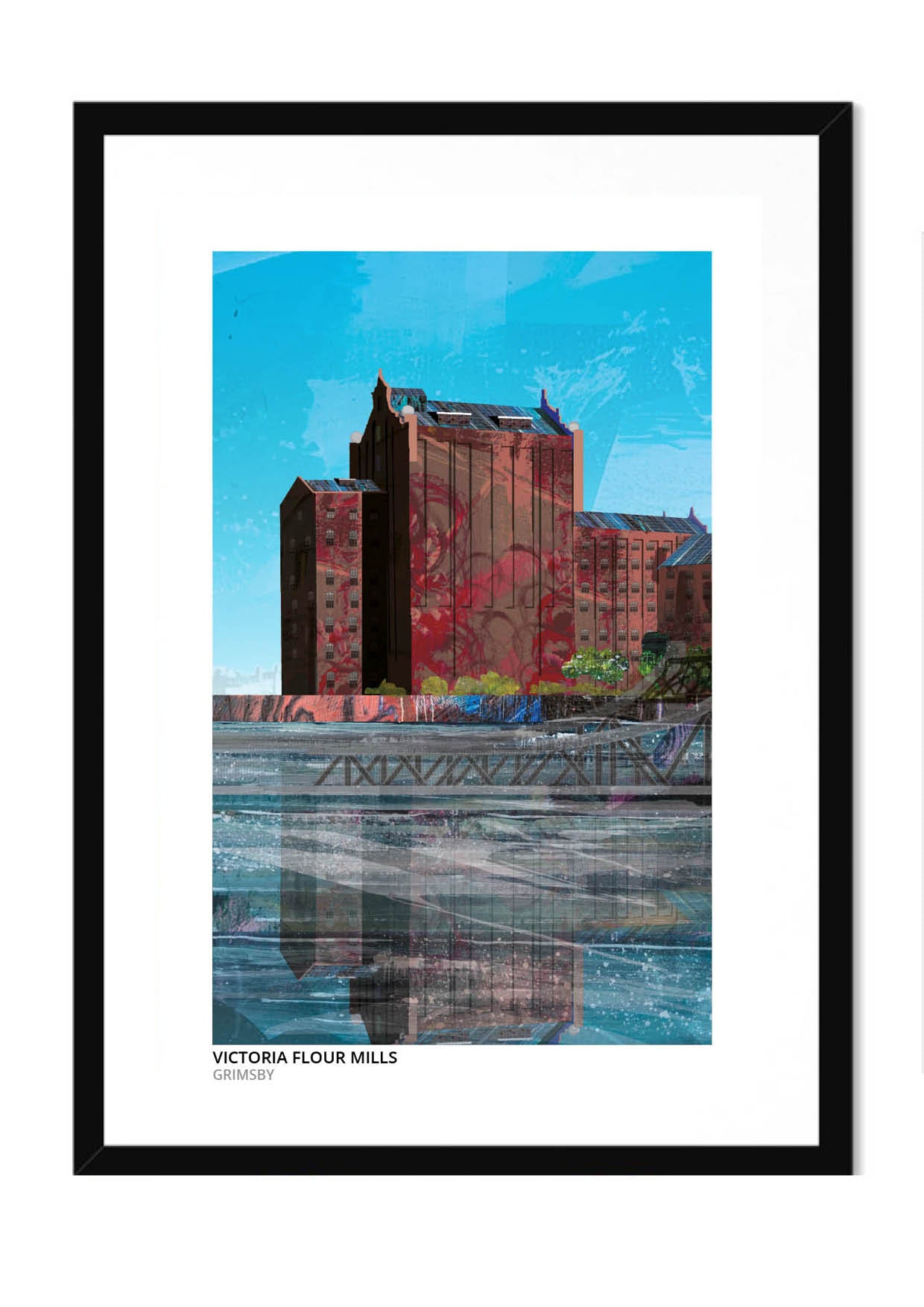 Victoria Flour Mills art print by Vicki Shortt, the tall brick mill building on the Grimsby waterfront, in a black frame