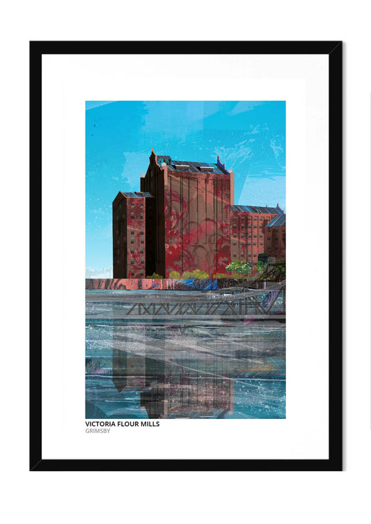 Victoria Flour Mills art print by Vicki Shortt, the tall brick mill building on the Grimsby waterfront, in a black frame