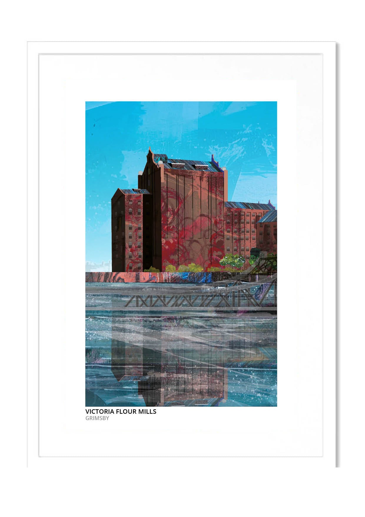 Victoria Flour Mills art print by Vicki Shortt, the tall brick mill building on the Grimsby waterfront, in a white frame