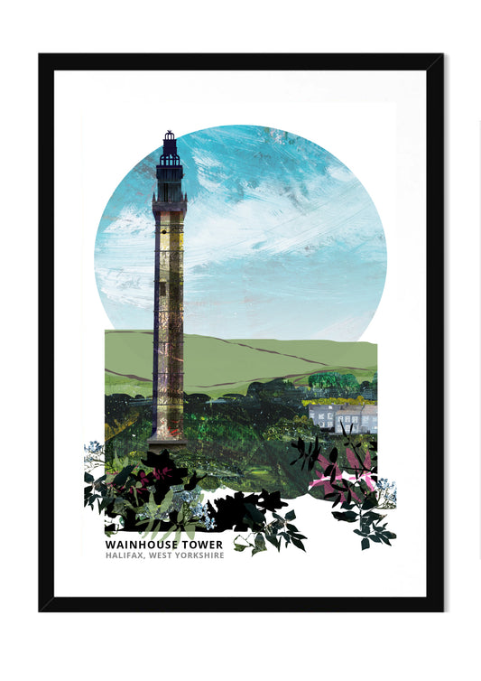 Wainhouse Tower art print by Vicki Shortt, the ornate Victorian folly tower above Halifax, West Yorkshire, in a black frame