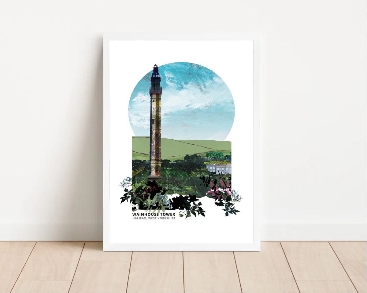 Wainhouse Tower art print by Vicki Shortt, the ornate Victorian folly tower above Halifax, West Yorkshire, framed in a room setting