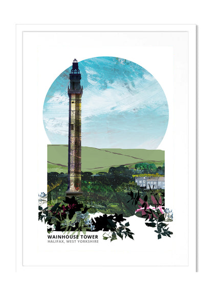 Wainhouse Tower art print by Vicki Shortt, the ornate Victorian folly tower above Halifax, West Yorkshire, in a white frame