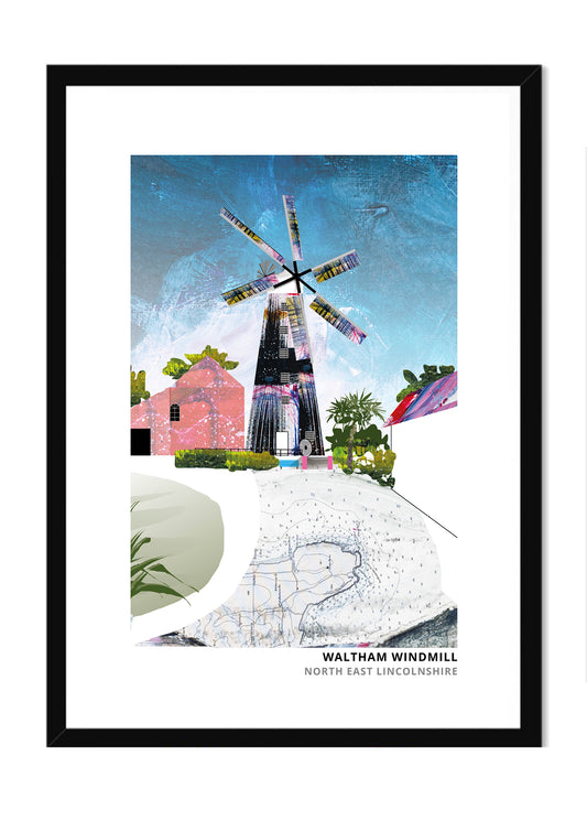 Waltham Windmill art print by Vicki Shortt, the six-sailed windmill at Waltham, North East Lincolnshire, in a black frame