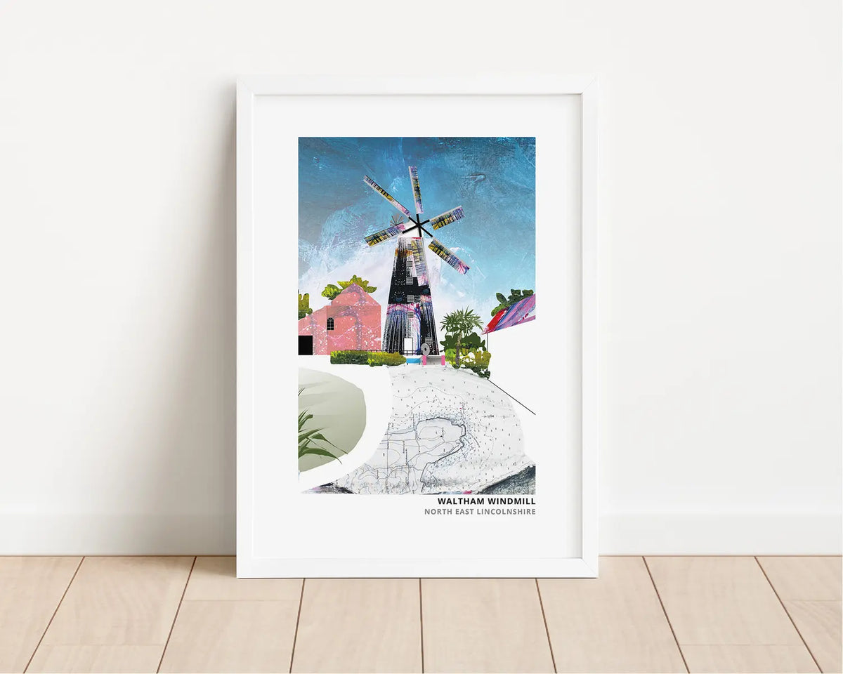 Waltham Windmill art print by Vicki Shortt, the six-sailed windmill at Waltham, North East Lincolnshire, framed in a room setting