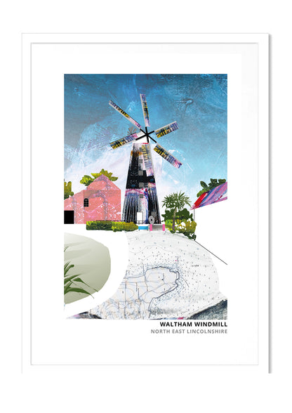 Waltham Windmill art print by Vicki Shortt, the six-sailed windmill at Waltham, North East Lincolnshire, in a white frame