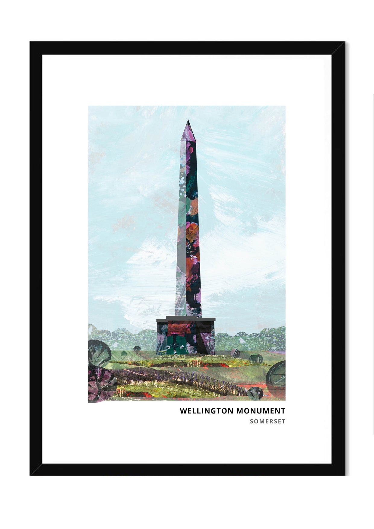Wellington Monument art print by Vicki Shortt, the stone obelisk on the Blackdown Hills above Wellington, Somerset, in a black frame