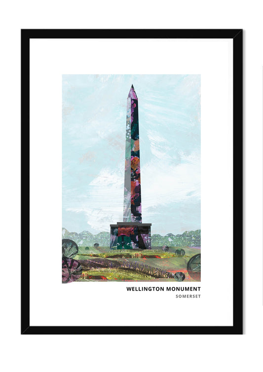 Wellington Monument art print by Vicki Shortt, the stone obelisk on the Blackdown Hills above Wellington, Somerset, in a black frame