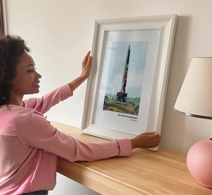 Wellington Monument art print by Vicki Shortt, the stone obelisk on the Blackdown Hills above Wellington, Somerset, framed in a room setting